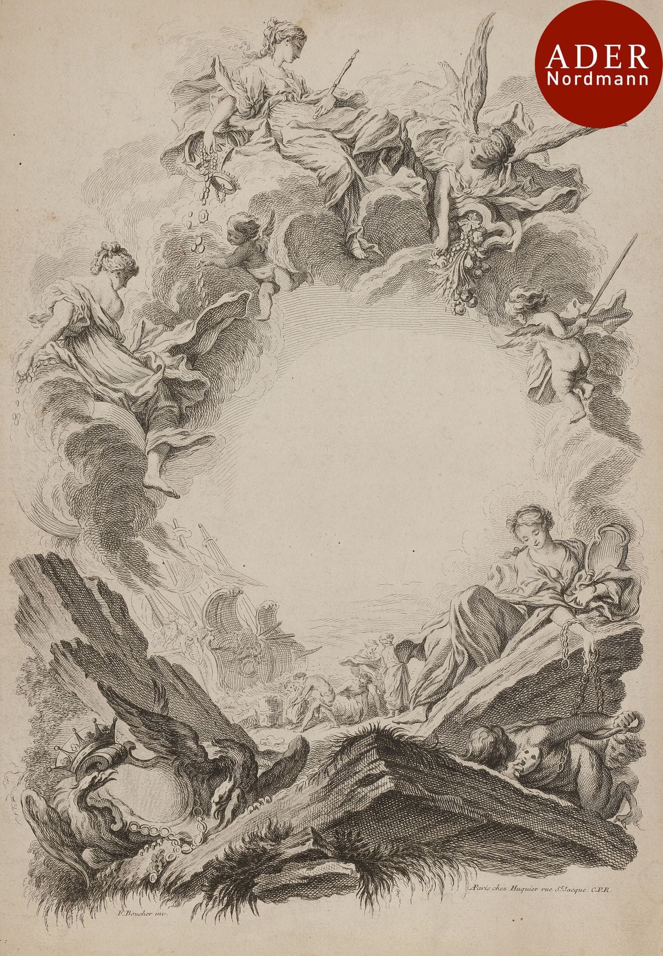 François Boucher (1703-1770) (d’après)
 Livre de cartouches inventés par François Boucher peintre du Roy. Gravé par G. Huquier. 252 x 383. P. Jean-Richard 1098 ; Bruand et Hébert 585 à 596. Réunion de 7 pl. dont un titre (sur 12). Très belles épreuves rognées à l’intérieur du coup de planche. Empoussiérage et petites rousseurs claires.