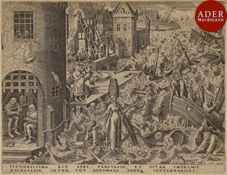 Pieter Bruegel l’Ancien (c. 1525-1569) (d’après)
 Spes (L’Espoir) (pl. de la suite des sept Vertus). Vers 1559-1560. Gravé par Ph. Galle. 285 x 220. Hollstein (Bruegel) 14 ; Van Bastelaer 133. Très belle et brillante épreuve rognée au sujet et bien complète de la tablette, les traits de mise en place de la lettre bien visibles, doublée sur vergé. Plusieurs courts pli de tirage, dont un ouvert dans les bâtiments ; deux longs fins plis verticaux en travers du sujet (le plus central, traversant le bras de la figure féminine tenant la faucille, possiblement légèrement fracturé).

L’Espoir est, avec la Foi et la Charité, l’une des trois vertus théologales. S’y rajoutent les quatre vertus cardinales, Justice, Force, Tempérance et Prudence. « Bruegel représente les Vertus sous la forme de personnages féminins dotés d’attributs ; leur forme allégorique remonte aux miniatures de la fin du Moyen Âge. […] le spectateur peut aisément s’identifier à la vertu représentée. Dans L’Espoir, on aperçoit, à proximité d’un modeste port, des navires en perdition sur une mer déchaînée. Leurs passagers ne peuvent que s’en remettre à l’espoir, tout comme les prisonniers au fond de leur cachot. » (I. M. Veldman, in J. van Grieken et al., éd., Hieronymus Cock, la gravure à la Renaissance, cat. d’exposition, Bruxelles, Fonds Mercator, n° 54, p. 226).
