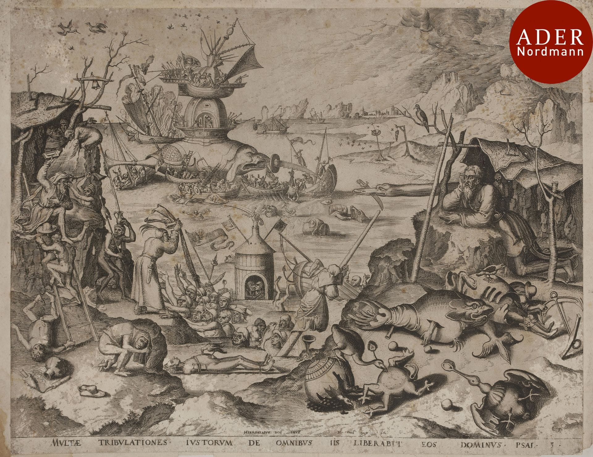 Pieter Bruegel l’Ancien (c. 1525-1569) (d’après)
 La Tentation de saint Antoine. 1551. Gravé au burin par P. van der Heyden (Cock éd.). 428 x 330. Hollstein 10 ; Van Bastelaer 119. Épreuve rognée au sujet et doublée, manquant fortement de conservation, complète de la tablette. Nombreux arrachements en surface, affectant ponctuellement le sujet et la lettre. Rousseurs éparses.
 
« La Tentation de saint Antoine de 1556 est la première œuvre à faire apparaître Bruegel comme un second Bosch. C’est le dessin préparatoire conservé à Oxford qui nous indique la paternité de la gravure, qui ne porte pour sa part que l’adresse de Cock, éditeur. Le langage imagé de l’estampe poussait le public de l’époque comme celui d’aujourd’hui à plutôt le rattacher à Bosch. » (M. Ilsink, in J. van Grieken et al., éd., Hieronymus Cock, la gravure à la Renaissance, cat. d’exposition, Bruxelles, Fonds Mercator, n° 66, p. 256).
