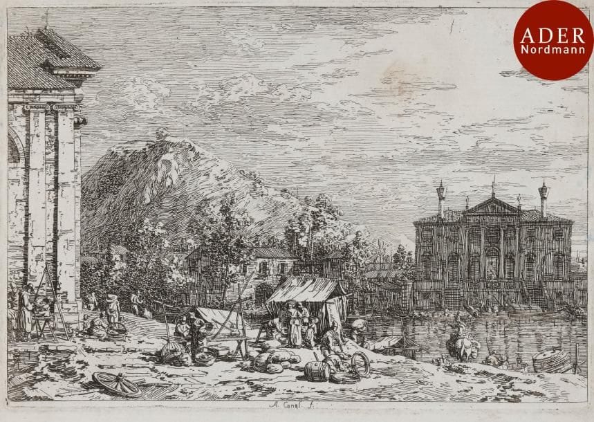 Antonio Canaletto (1697-1768)
 Il Mercato al Dolo. Eau-forte. 210 x 145. De Vesme 23 ; Bromberg 26. Très belle épreuve. Petite rousseurs claires dans le ciel. Traces d’aquarelle au verso. Petite trace de colle dans l’angle supérieur gauche au verso. Marges étroites.