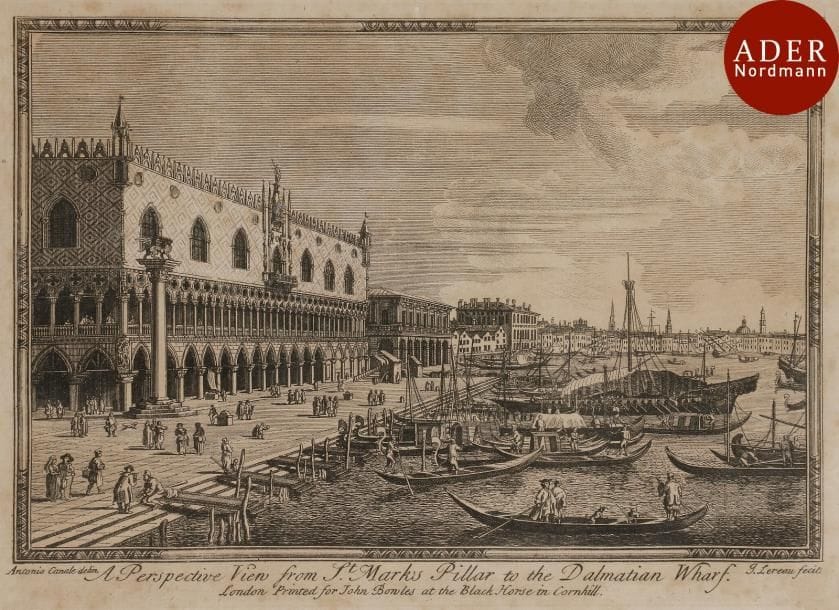 Antonio Canaletto (1697-1768) (d’après)
 The East Prospect of the Rialto Bridge… ; A Perspective View from St Marks Pillar to the Dalmatian Wharf… (pl. x et XI d’une suite). Eau-forte par J. Lereau. 255 x 195. Bonnes épreuves sur vergé, oxydées. Rousseurs claires. Marges. Cadres. Ens. 2 p.