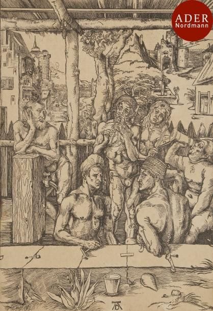 Albrecht Dürer (1471-1528) (d’après)
 Le Bain des hommes. Eau-forte d’après le bois gravé. À vue : 275 x 385. Épreuve sur vergé, oxydée. Pas de marges apparentes. Cadre.