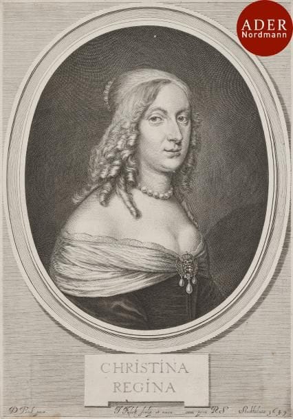 Jeremias Falk (1619-1677)
 La Reine Christine de Suède. 1649. Gravé d’après Beck. 220 x 315. Le Blanc 102. Très belle épreuve collée par les angles sur vélin. Petites taches rousses et auréoles claires d’humidité dans les belles marges.