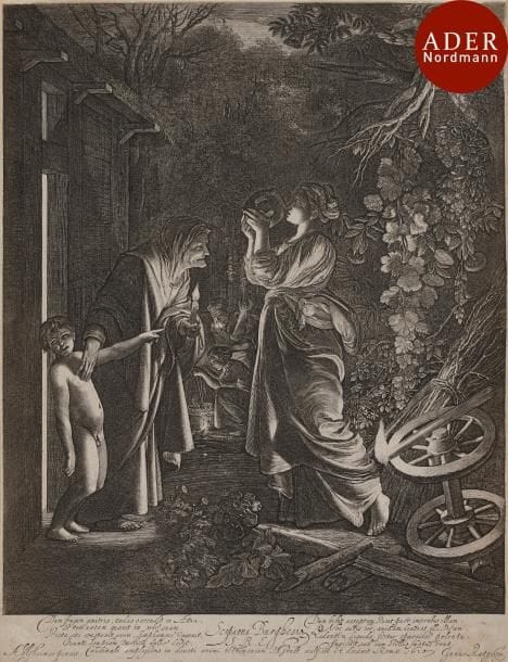 Hendrick Goudt (1582 ou 1588-1630 ou 1648)
 Cérès à la recherche de sa fille Proserpine. 1610. Gravé d’après A. Elsheimer. 239 x 310. Hollstein 5. Belle épreuve en tirage postérieur sur vergé mécanique, rognée à l’intérieur du coup de planche, complète de la tablette. Pli oblique médian visible au verso. Petites traces de colle dans les angles au verso.