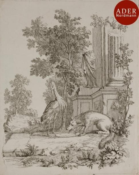 Gabriel Huquier (1695-1772)
 Pl. pour le Livre d’animaux par J. B. Oudry. Eau-forte d’après Oudry. 235 x 300. I.F.F. 1395-1406. Belles épreuves. Petites taches et traces de plis à certaines. Marges étroites. Ens. 4 p.