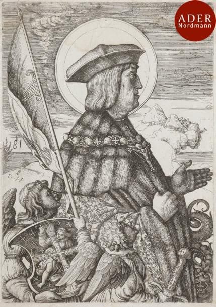 Daniel Hopfer (c. 1470-1536)
 L’Empereur Maximilien Ier, en demi-corps, accompagné de deux anges… Eau-forte. 155 x 225. Bartsch 79. Très belle et brillante épreuve avec le numéro « 81 » (ajout du marchand Funck au XVIIe s.) à gauche de l’étendard, collée par les angles sur vélin. Petites auréoles claires d’humidité. Marges étroites.