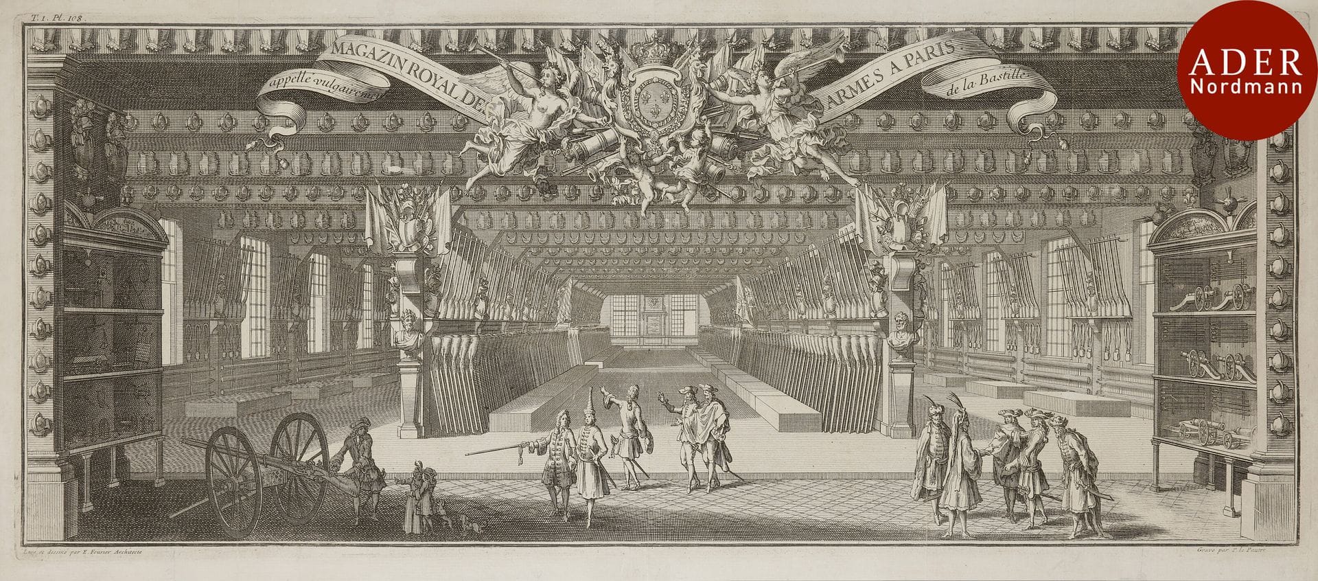 Pierre Le Pautre (1660-1744)
 Magazin royal des armes à Paris, appellé vulgairement de la Bastille.?Pl. 108 de Mémoires d’artillerie de Pierre Surirey de Saint-Rémi, Paris, chez Rigaud, 1707 (éd. originale de 1697). Eau-forte d’après Fourier, architecte. 490 x 200. Belle épreuve avec plis verticaux normaux, soigneusement lavée. Petit trou en haut à droite dans le sujet. Petites marges normales.