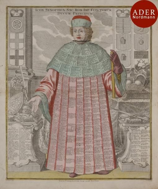 Tobias Konrad Lotter éditeur (1717-1777)
 Icon synoptica Sac. Rom. Imp. electorum, ducum, principium. Vers 1775-1780. Gravé par E. Eichel d’après A. Scheller. [540 x 637]. Belle épreuve en beau coloris du temps. Trace d’encre postérieure à la base de la tête (atteinte révolutionnaire à la figure cléricale). Menues salissures claires. Courte déchirure habilement restaurée en pied. Toutes marges. 

   La figure géante représente un évêque (sa mitre posée à gauche) dont la robe est recouverte des listes de tous les princes, électeurs et ducs ayant régné sur le Saint Empire Romain.