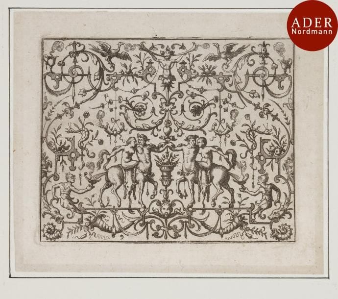 Matthäus Merian (1593-1650)
 Ornement (centaures portant des femmes sur leur dos). Burin. 91 x 74. Belle épreuve d’un tirage du XVIIe s., avec le numéro, à petites marges, montée « en tambour ».