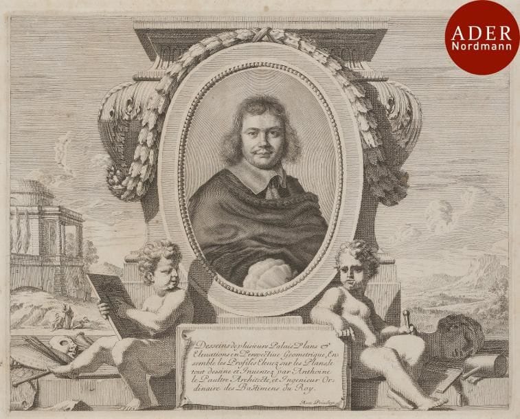 Robert Nanteuil (1623-1678)?et Jean Lepautre (1618-1682)
 Portrait d’Antoine Lepautre, architecte. Burin (le portrait par Nanteuil, le décor par Lepautre). 318 x 252. Petitjean et Wickert 107 ; Préaud (Jean Lepautre) 295. Très belle épreuve du 2e état (sur 4), avant l’adresse de Jombert. Double pli vertical médian normal. Quelques rousseurs claires essentiellement visibles au verso. Petites marges.