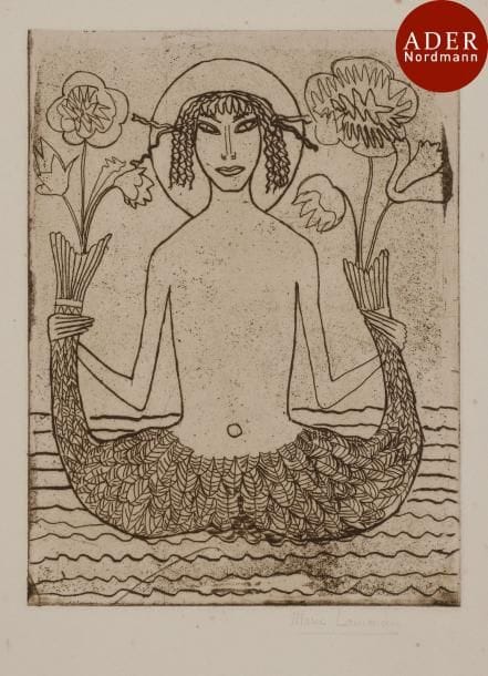 Marie Laurencin (1883-1956)
 La Sirène. 1908. Eau-forte. 148 x 198. Marchesseau 15. Belle épreuve tirée en noir bistré sur vélin fort, signée au crayon. Forte oxydation marginale. Rousseurs claires éparses. Toutes marges. Rare.
