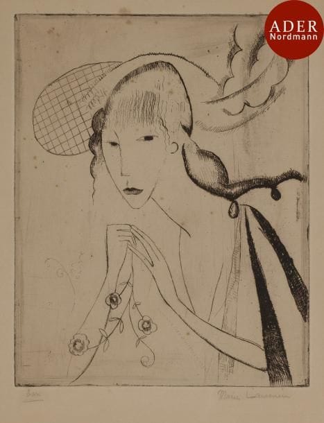 Marie Laurencin (1883-1956)
La Belle Écossaise. 1913. Eau-forte. 195 x 245. Marchesseau 28. Très belle épreuve sur vergé filigrané « Eug. Delâtre », oxydée, annotée « Essai » et signée au crayon. Rousseurs éparses. Restes de colle aux bords du feuillet au verso. Rare. Tirage définitif à 25 épreuves.