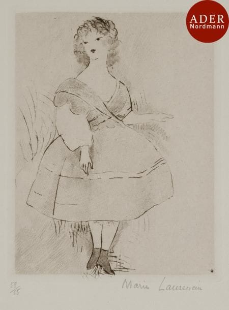 Marie Laurencin (1883-1956)
 La Petite crinoline. 1924. Eau-forte et roulette. 100 x 126. Marchesseau 73. Très belle épreuve en noir sur vélin, numérotée et signée au crayon. Toutes marges. Tirage à 65 épreuves.