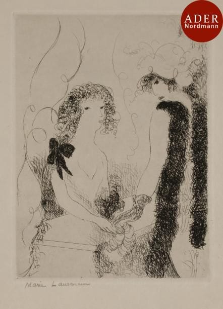 Marie Laurencin (1883-1956)
 Frivolités ou La Marchande de rubans. 1926. Eau-forte. 150 x 200. Marchesseau 92. Très belle épreuve sur japon, signée au crayon. Toutes marges.