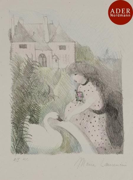 Marie Laurencin (1883-1956)
 Léda et le cygne. 1926. Lithographie. 178 x 235. Marchesseau 102. Très belle épreuve sur chine volant, tirée en noir, largement reprise aux crayons de couleurs, justifiée et signée au crayon. Ondulations dues à la pression au tirage. Toutes marges.