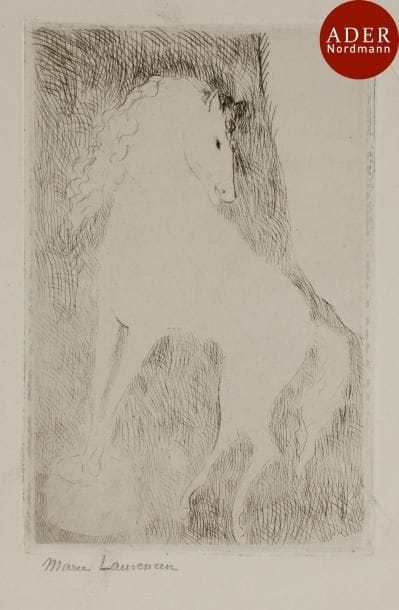 Marie Laurencin (1883-1956)
 L’Écuyère. 1926. Eau-forte. 110 x 166. Marchesseau 123. Très belle épreuve sur 1er état (sur 4), avant l’écuyère gravée, signée au crayon. Restes de colle dans les angles supérieurs au verso. Pli oblique de tirage en marge droite. Pli souple oblique en travers du sujet. Toutes marges. Rare.
