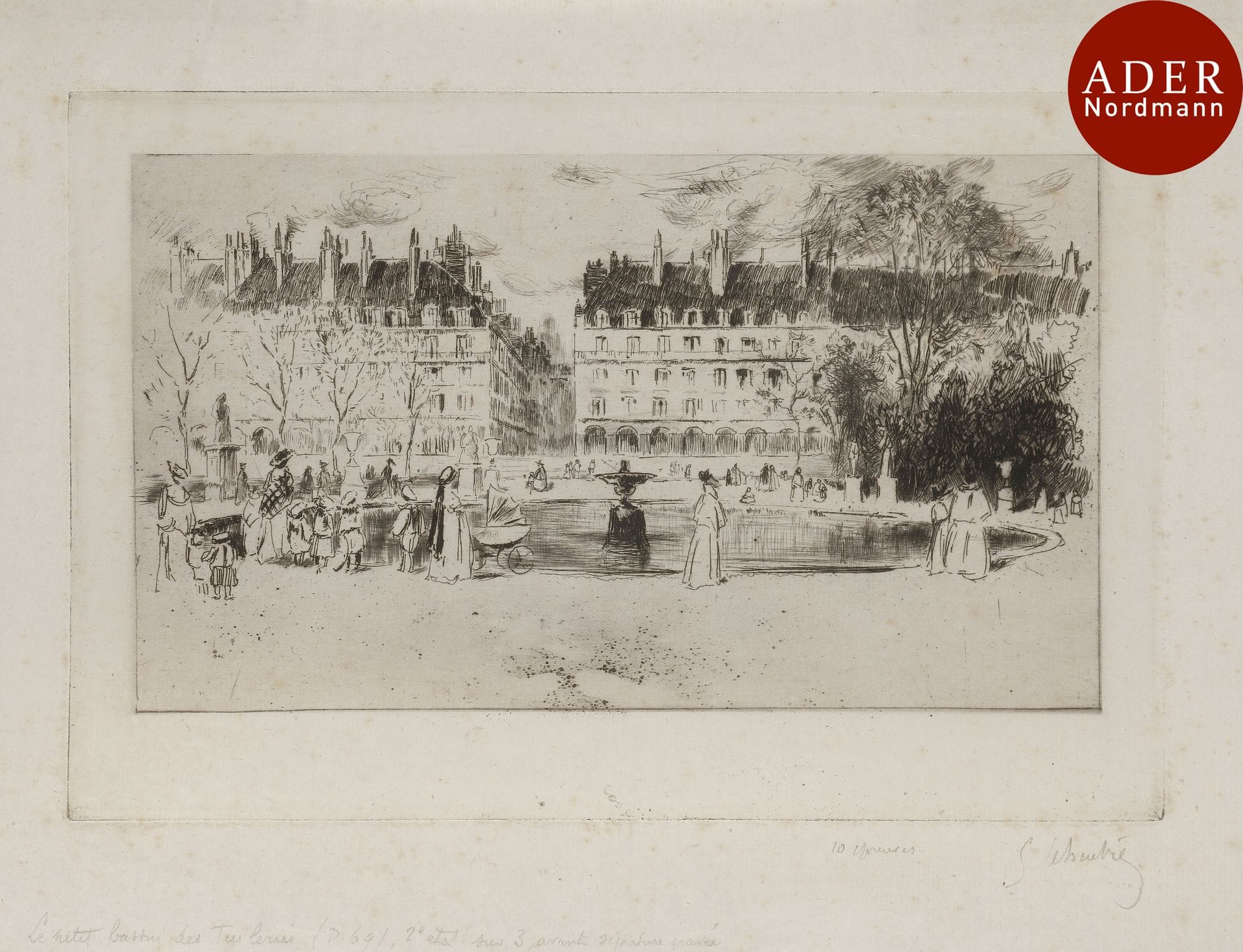Gustave Leheutre (1861-1932)
 Le Petit bassin des Tuileries. Eau-forte. 238 x 158. Delteil 69. Très belle épreuve sur japon vergé mince, du 2e état (sur 3), avant la signature gravée, annotée « 10 épreuves » et signée au crayon. Infimes rousseurs. Toutes marges.