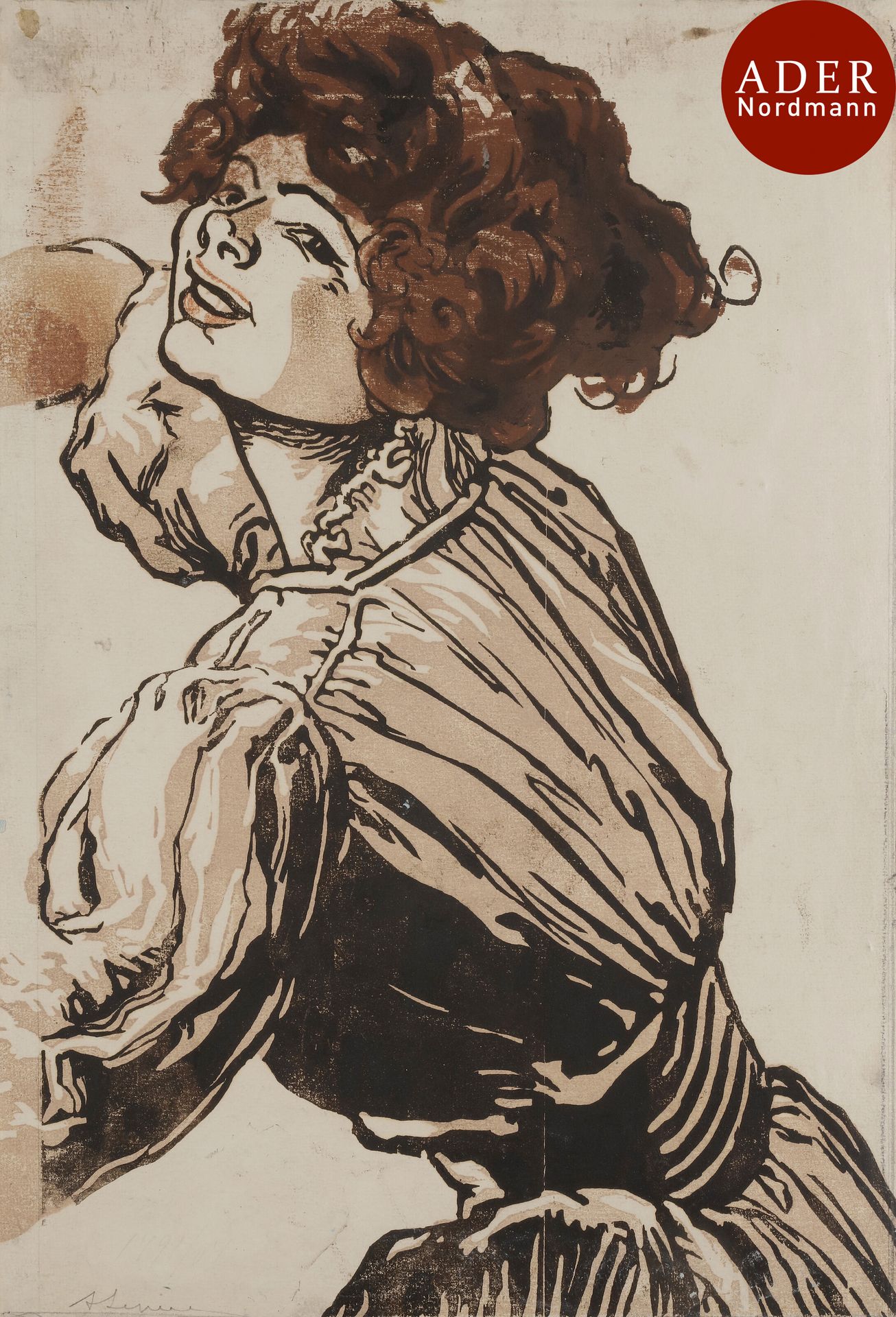 Auguste Lepère (1849-1918)
 Femme riant. Fragment de l’affiche pour la Société des Amis des Arts de Nantes. Vers 1900. Bois gravé. 290 x 420. Lotz-Brissonneau 279. Impression en trois tons (noir, beige rosé et brun). Très belle épreuve d’essai sur vergé, tirée pleines marges, signée au crayon, avec trait de pierre noire le long du bord droit. Petit empoussiérage, frottements et maculatures. Traces d’aquarelle au verso.

 Dans sa version définitive et complète, ce sujet représente une femme tenant un pinceau et une palette, symbolisant la peinture moderne, assise sur une statue de Minerve casquée, portant lance et bouclier, symbole de la peinture classique. Le sujet a servi d’affiche à deux expositions de la Société des Amis des Arts de Nantes, la 12e et la 19e (cette dernière en 1910). 