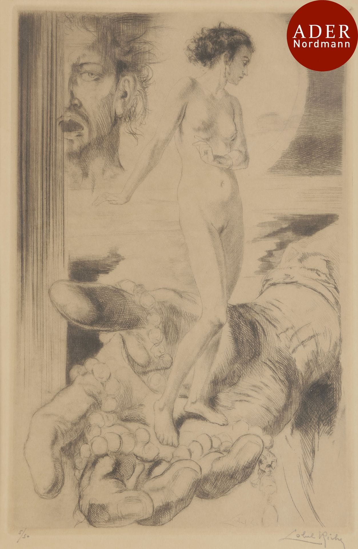 Alméry Lobel-Riche (1880-1950)
 Femme nue dans une main. Pointe sèche. 147 x 228. Très belle épreuve sur vélin, numérotée et signée au crayon. Légère oxydation. Toutes marges. Sous verre.