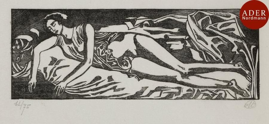 Aristide Maillol (1861-1944)
 Femme étendue sur une draperie. Vers 1895. Bois gravé. 224 x 79. Guérin 6. Très belle épreuve sur chine volant, numérotée par l’éditeur, puis signée du monogramme par l’artiste. Toutes marges. Tirage à 75 épreuves. Timbre sec : H. Petiet éditeur Paris (Lugt 2021a).
