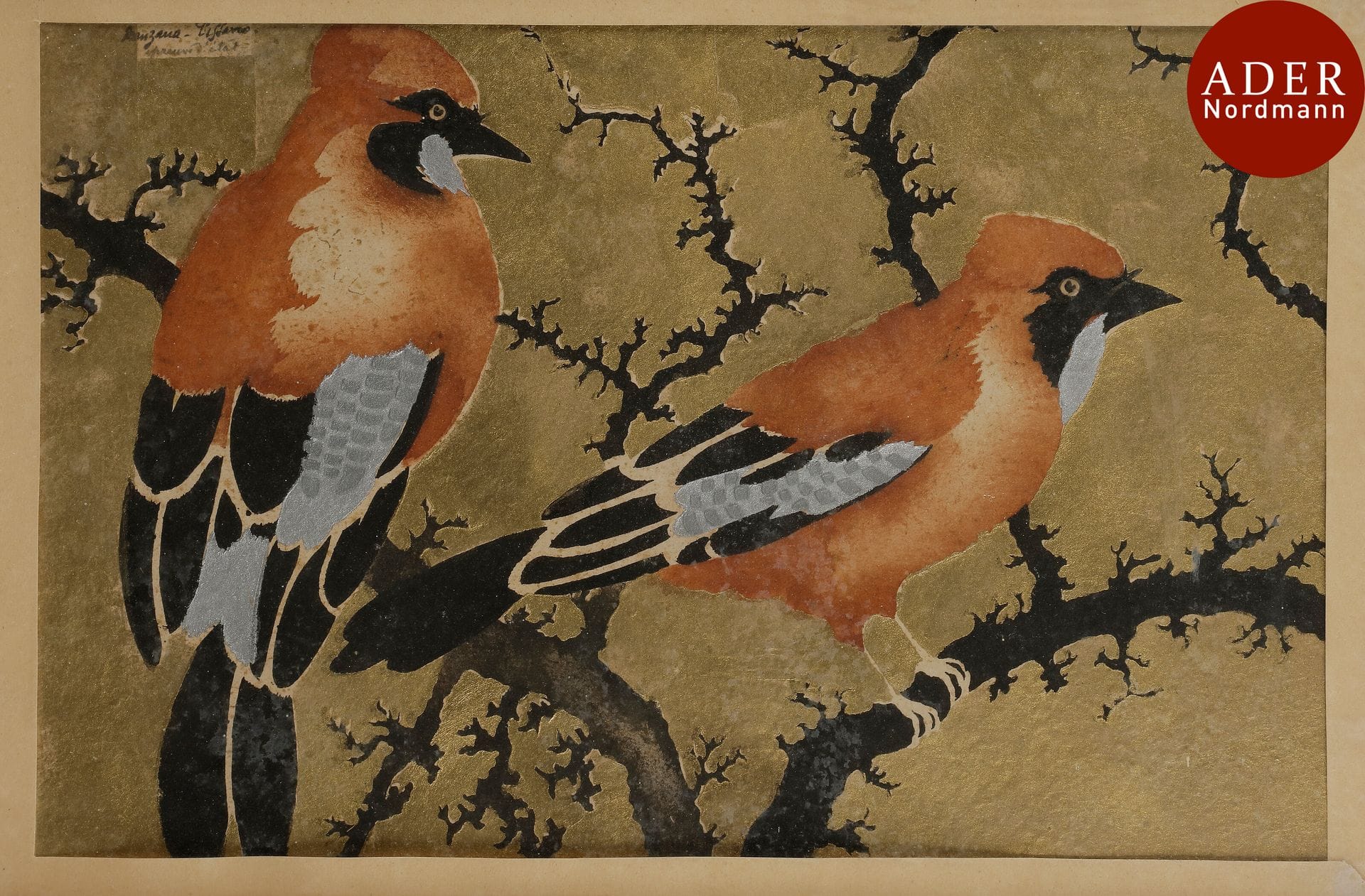 Georges Manzana-Pissarro (1871-1961)
 Deux geais des chênes. Vers 1900. Pochoir en couleurs sur fond bronze doré. À vue : 415 x 270. Très belle épreuve sur papier exotique, avec petite découpe dans la dorure en tête à gauche où figurent la signature à l’encre et la mention « épreuve d’état ». Toutes marges. Cadre.