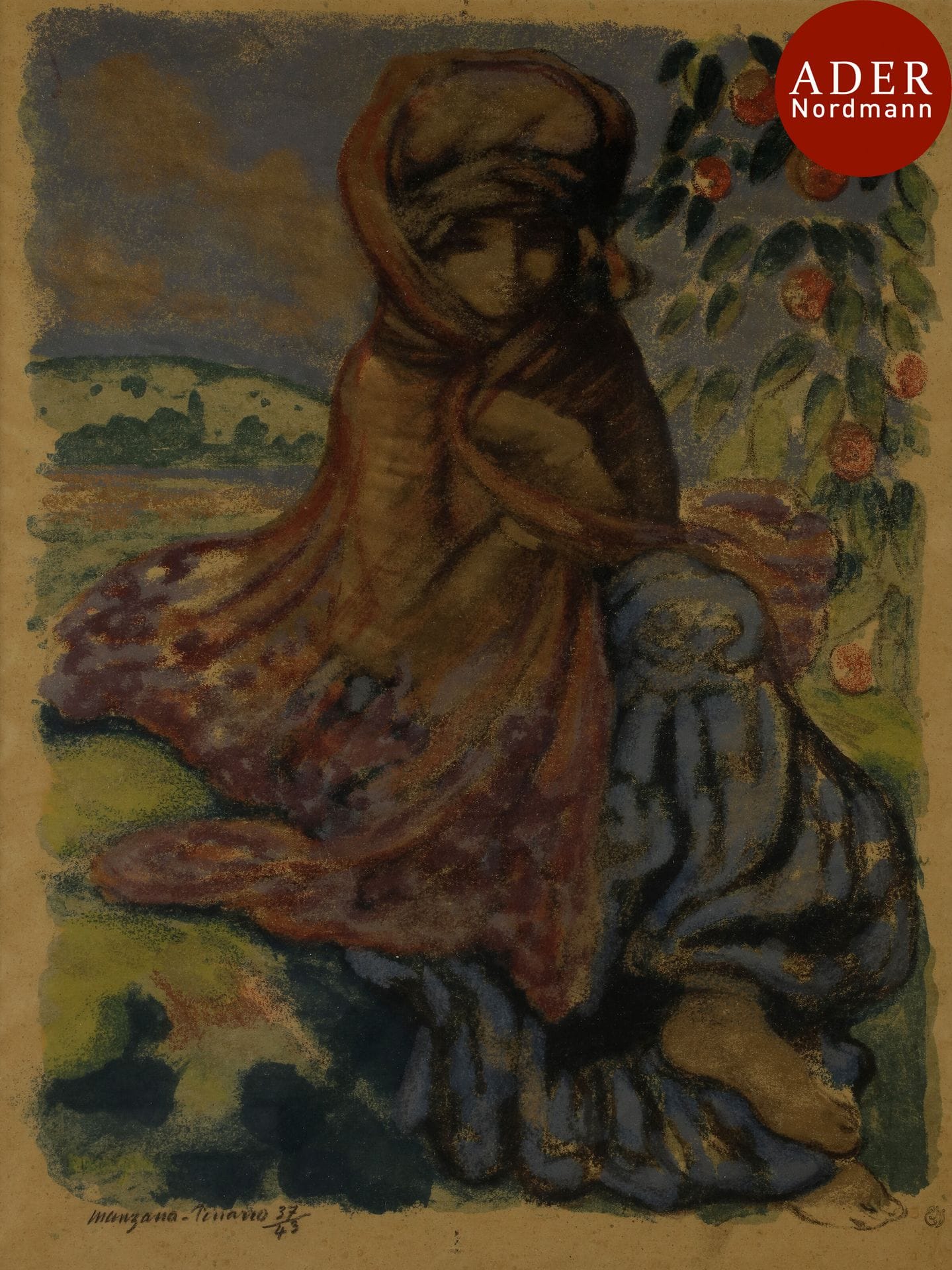 Georges Manzana-Pissarro (1871-1961)
L’Adolescente orientale. Vers 1900. Zincographie. 325 x 417. Impression en couleurs et à l’or au moyen de 14 planches (des presses d’Aug. Clot). Superbe et fraîche épreuve sur papier « boucherie », signée et numérotée à la pierre noire. Toutes marges. Tirage à 43 épreuves pour L’Estampe nouvelle (timbre : Lugt 886).