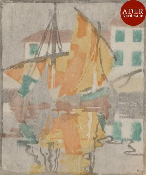 Ethel Mars (américaine, 1876-1959)
 Barques à voile, région de Chioggia. Vers 1906. Bois gravé. 145 x 175. Impression en couleurs. Très belle épreuve sur japon, rognée au sujet comme à l’ordinaire. Timbre rouge de l’artiste au verso.