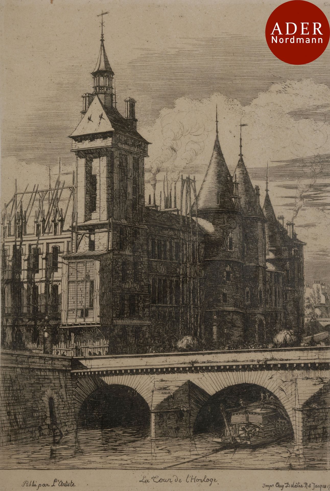 Charles Meryon (1821-1868)
 La Tour de l’Horloge. Eau-forte. À vue : 210 x 290. Delteil 28 ; Schneiderman 23. Très belle épreuve sur bulle appliqué, du 6e état (sur 10), du tirage effectué pour L’Artiste. Marges. Cadre.