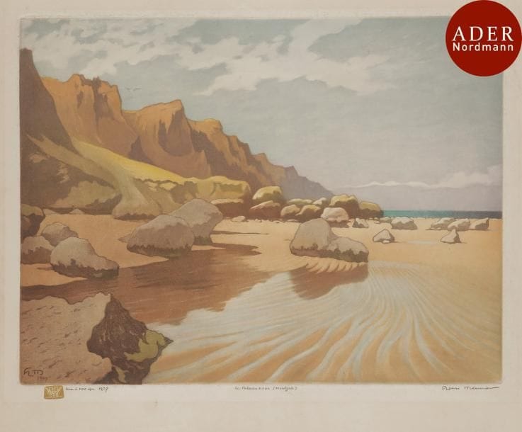 Henri Meunier (1873-1922)
 La Falaise noire (Houlgate). 1907. Eau-forte et aquatinte. 392 x 295. Impression en couleurs. Très belle épreuve sur vergé, timbrée (Lugt non décrit), annotée, titrée et signée au crayon. Légère oxydation marginale. Fin pli horizontal dans l’angle inférieur droit du sujet, légèrement frotté. Toutes marges. Tirage à 100 épreuves.