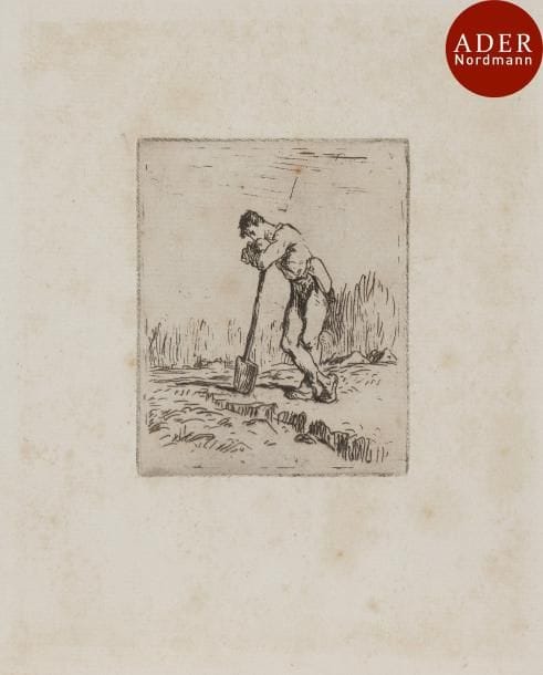 Jean-François Millet (1814-1875)
 L’Homme appuyé sur sa bêche. Eau-forte. 66 x 84. Delteil 3. Belle épreuve sur vergé. Rousseurs claires et légère trace d’oxydation. Restes de montage aux bords du feuillet au verso. Belles marges.