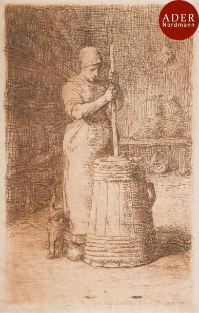 Jean-François Millet (1814-1875)
 La Baratteuse. 1855. Eau-forte. 115 x 180. Delteil 10. Impression en sanguine. Très belle épreuve sur vergé mince, anciennement lavée (avec multiples petites ondulations résultantes). Petit corps étranger dans le papier, visible dans la baratte. Toutes marges non ébarbées. 