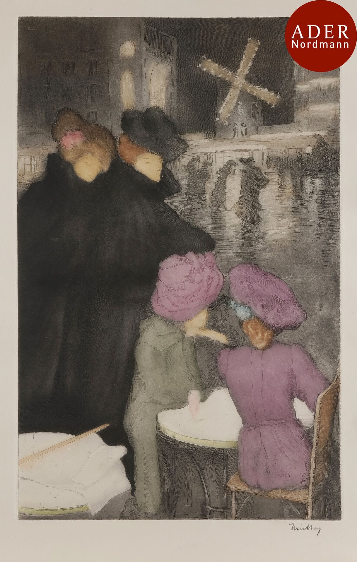 Alfredo Müller (1869-1940)
 Place Blanche (Quatre femmes), ou Le Moulin Rouge (effet de nuit). 1899. Eau-forte et aquatinte. 410 x 450. Impression en couleurs. Koehl E 75. Belle épreuve d’un tirage moderne sur vélin fort ivoire, revêtue d’une signature à la pierre noire (non garantie). Court pli cassé dans l’angle supérieur gauche. Toutes marges.