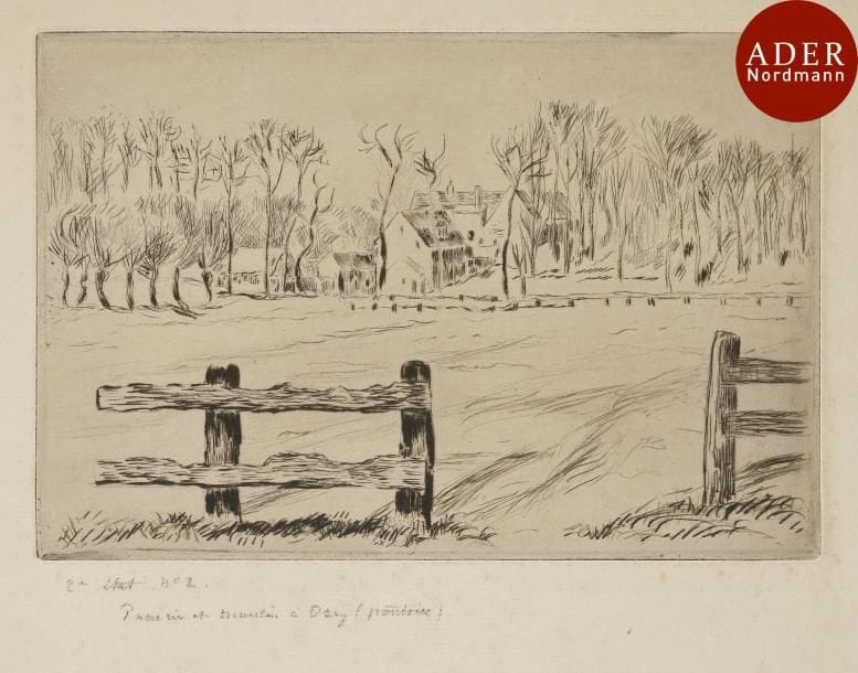 Camille Pissarro (1830-1903)
 Prairie et moulin, à Osny. 1885. Pointe sèche. 235 x 156. Delteil 59. Très belle épreuve sur vergé, l’une des deux du 2e état (sur 6), le ciel encore blanc, avant les vaches et avant divers travaux, annotée par l’artiste « 2e état n° 2 / Prairie et moulin à Osny (Pontoise) ». Très claires rousseurs. Petite tache d’encre brune dans l’angle inférieur droit du feuillet. Toutes marges. Tirage définitif à une douzaine d’épreuves (outre les 18 épreuves du tirage posthume).