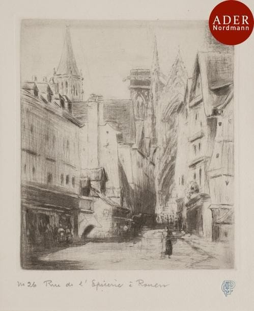 Camille Pissarro (1830-1903)
 Rue de l’Épicerie, à Rouen. 1886. Pointe sèche. 148 x 170. Delteil 64. Superbe et très fraîche épreuve sur vergé crème, numérotée et titrée au crayon, du tirage de 1907 à 30 épreuves, timbrée (Lugt 613d). Toutes marges. Tirage total à 55 épreuves (dont seulement 25 du vivant de l’artiste).