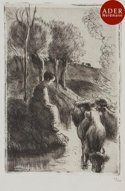Camille Pissarro (1830-1903)
Vachère au bord de l’eau. 1890. Eau-forte et pointe sèche. 132 x 198. Delteil 93. Très belle et fraîche épreuve sur vergé ancien azuré, les bords du cuivre très encrés, numérotée au crayon. Légère oxydation aux bords du feuillet et petit trou (d’origine) dans l’angle inférieur droit. Tirage à 100 épreuves, antérieur à celui de la Gazette des Beaux-Arts. Toutes marges. Timbre de l’atelier Pissarro (Lugt 2031a).