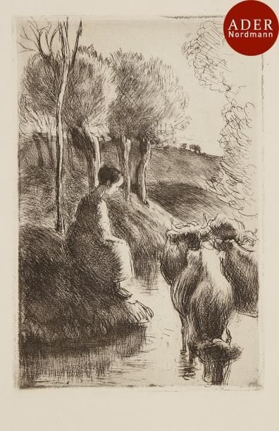 Camille Pissarro (1830-1903)
 Vachère au bord de l’eau. 1890. Eau-forte et pointe sèche. 134 x 200. Delteil 93. Très belle épreuve sur vergé crème, du tirage effectué pour la Gazette des Beaux-Arts en 1904. Bonnes marges.