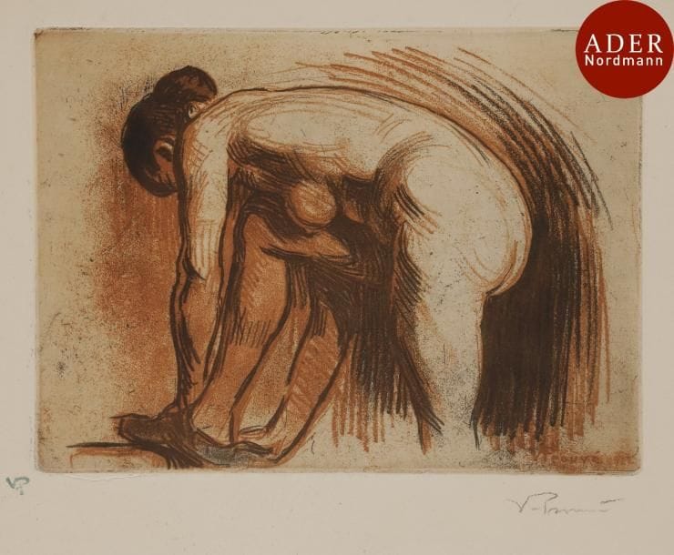 Victor Prouvé (1858-1943)
 Femme nue s’essuyant les pieds. 1922. Vernis mou. 265 x 195. Impression en couleurs. Très belle épreuve sur vélin fort, signée au crayon et timbrée (Lugt 3706). Toutes marges.