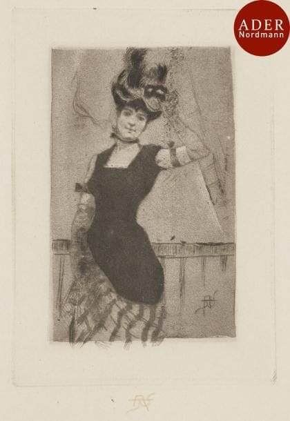 Armand Rassenfosse (1862-1934)
 Le Masque. 1889. Eau-forte, vernis mou et aquatinte. 109 x 150. Rouir 96. Très belle épreuve sur vélin, revêtue d’un monogramme au crayon rouge. Toutes marges. Cadre.