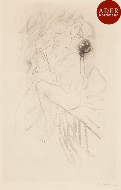 Armand Rassenfosse (1862-1934)
 Les Deux amies. Vers 1890. Eau-forte au pinceau (lavis d’acide). 118 x 170. Rouir non décrit. Belle épreuve sur vélin, signée au crayon et titrée en pied. Toutes marges. Cadre.
