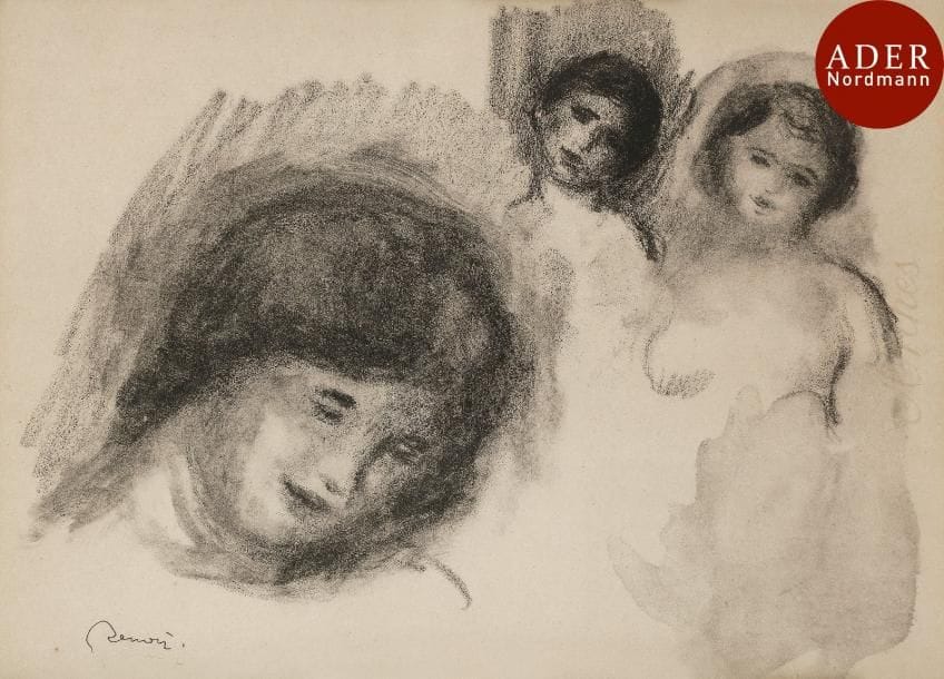 Pierre-Auguste Renoir (1841-1917)
 La Pierre aux trois croquis. 1904. Lithographie. 285 x 225. Delteil, Stella 41. Belle épreuve sur vélin, légèrement oxydée, le filigrane « Arches » très apparent au bord droit, timbrée (Lugt 2137a). Marges. Cadre.
