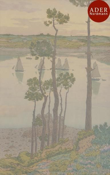 Henri Rivière (1864-1951)
 Les Bords du Trieux au crépuscule. (Le Beau pays de Bretagne, pl. 6). 1903. Lithographie. À vue : 220 x 337. Impression en couleurs. Épreuve sur vélin, légèrement oxydée, sans marges apparentes. Cadre. 
 Réf. : Sueur-Hermel (Valérie), dir., Henri Rivière, entre impressionnisme et japonisme, cat. d’exposition, Bibliothèque nationale de France, 2009, n° 143, p. 163.
