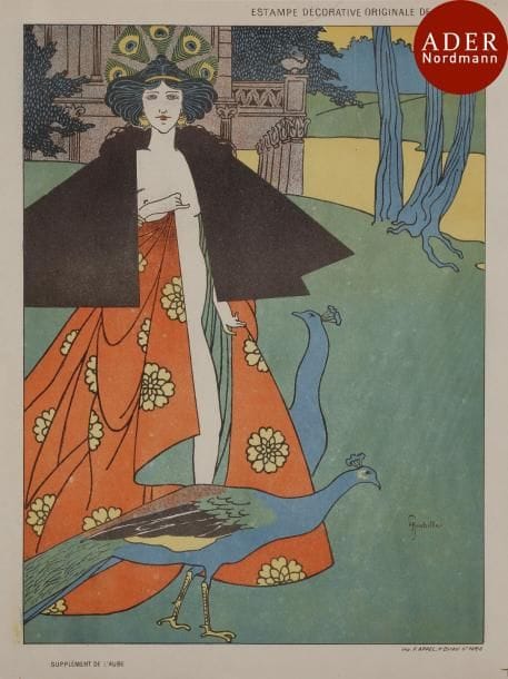 Auguste Roubille (1872-1955)
 La Femme aux paons. Supplément de L’Aube. Lithographie. 216 x 294. Impression en couleurs. Très belle épreuve sur vélin mince doublée sur vélin blanc fort. Toutes marges. 