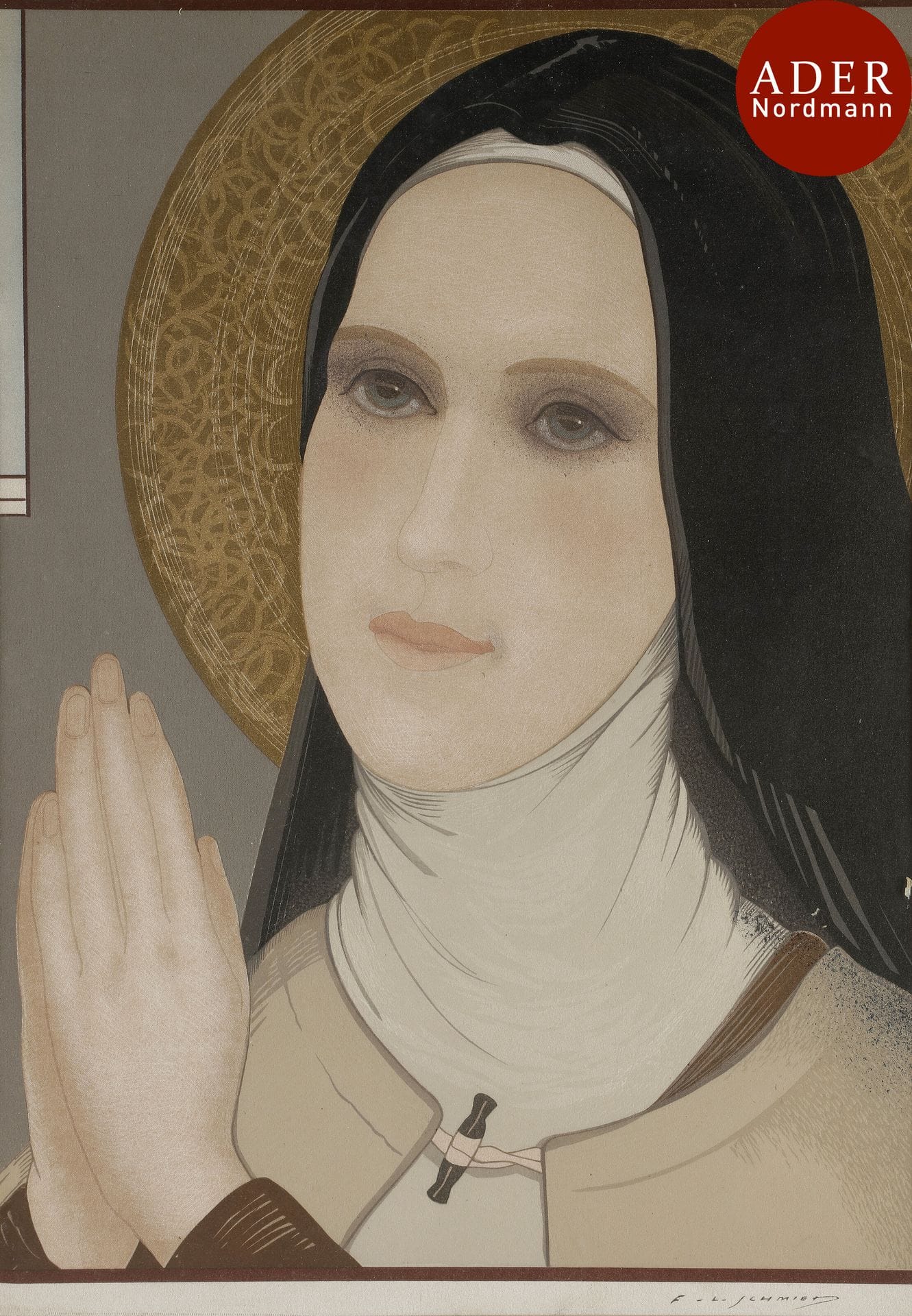 François-Louis Schmied (1873-1941)
 Sainte Thérèse (partie centrale du triptyque). 1932. Gravure sur bois. 320 x 430. Impression en couleurs. Très belle épreuve sur soie doublée sur vélin. Très rare. Tirage à quelques épreuves. Cadre. 
 Provenance : succession de l’artiste.