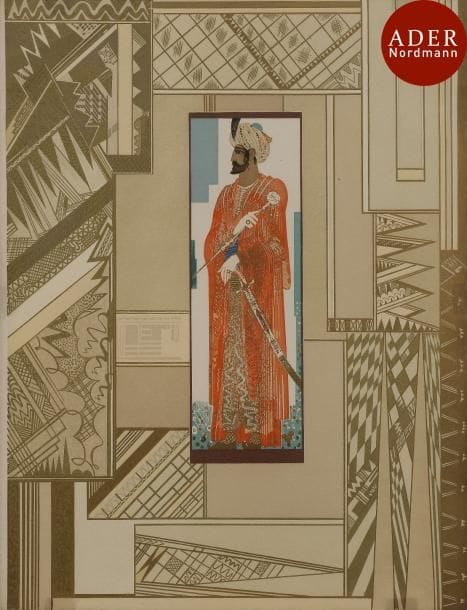 François-Louis Schmied (1873-1941)
 Haroun al Raschid. Couverture pour J.-C. Mardrus, Histoire charmante de l’adolescente Sucre d’Amour. Paris, Schmied, 1927. Gravure sur bois. 230 x 295. Impression en couleurs et à l’or. Très belle épreuve tirée pleines marges sur vélin. Cadre. 
 Provenance : succession de l’artiste.