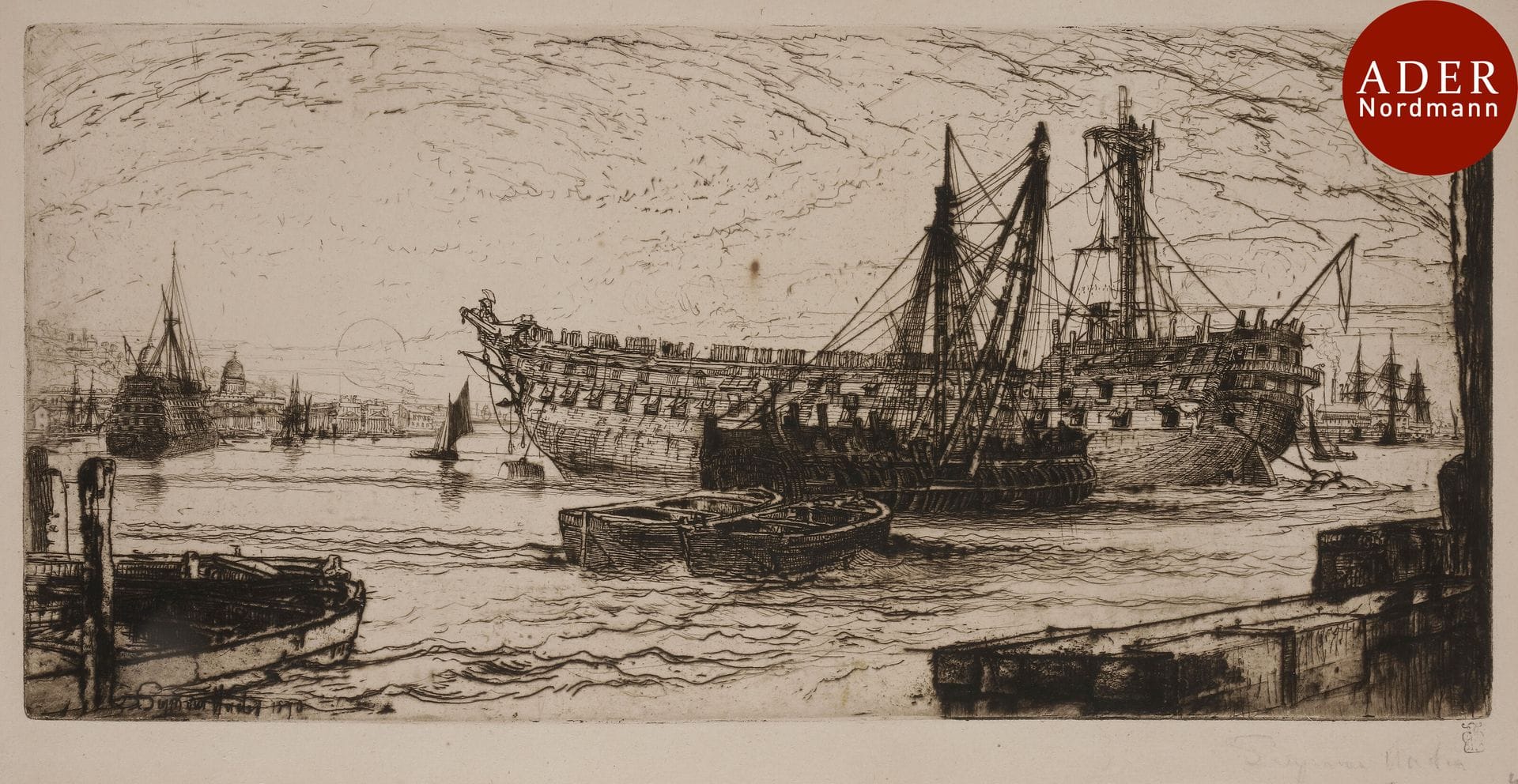 Sir Francis Seymour Haden (1818-1910)
 Breaking up of the « Agamemnon ». 1870. Eau-forte et pointe sèche. 413 x 196. Harrington 145 ; Schneiderman 133. Très belle épreuve sur vélin crème fort, du 1er état publié, avant remplacement des bateaux dans le fond à droite, signée au crayon. Trace claire d’oxydation. Un fort point de rouille au centre du sujet. Petites traces de colle et restes d’adhésif aux bords du feuillet au verso. Toutes marges. Ex-coll. H. H. Benedict (Lugt 2936) et H.-M. Petiet (Lugt 5031).