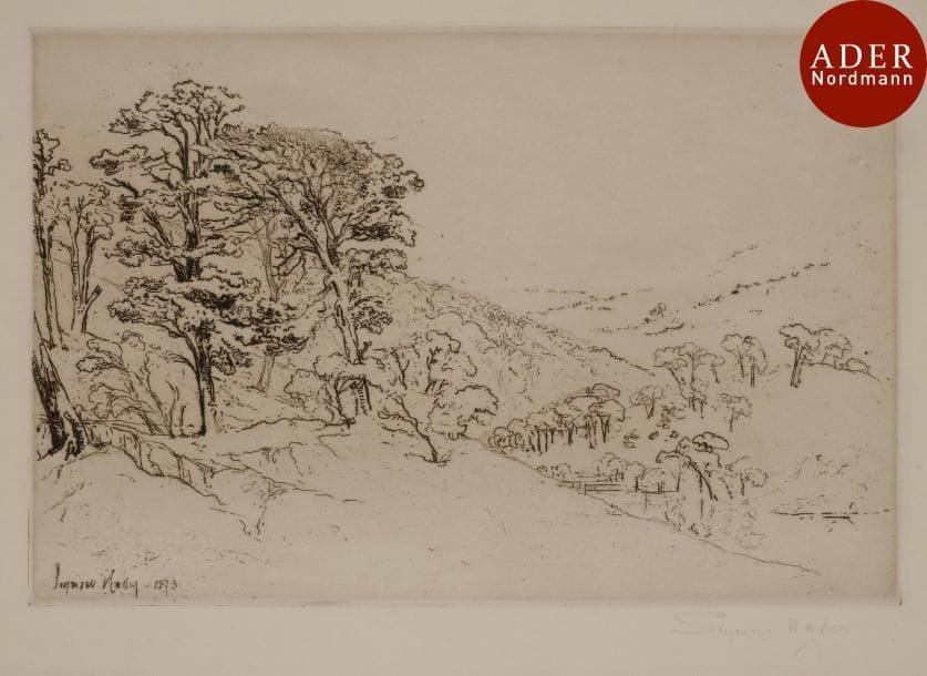 Sir Francis Seymour Haden (1818-1910)
 Scotch Firs, Inveroran. 1873. Eau-forte. 380 x 254. Harrington 150 ; Schneiderman 140. Très belle et fraîche épreuve sur vélin crème fort, signée au crayon. Petites salissures au bord droit et infime manque dans l’angle inférieur droit. Toutes marges. Ex-coll. H. H. Benedict (Lugt 1298) et H.-M. Petiet (Lugt 5031).