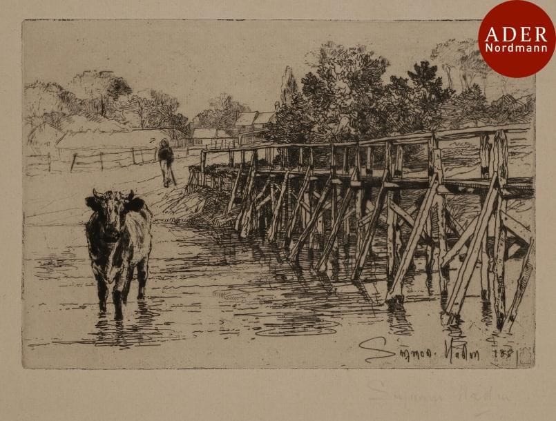 Sir Francis Seymour Haden (1818-1910)
 The Village Ford. 1881. Eau-forte. 260 x 176. Harrington 216 ; Schneiderman 202. Très belle épreuve sur vergé, signée au crayon et numérotée « n° 11 » en pied. Traces d’oxydation à l’ouverture d’anciens montages. Toutes marges. Ex-coll. H. H. Benedict (Lugt 2936).