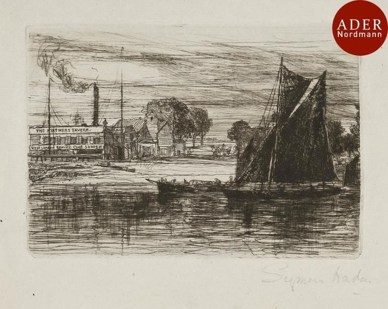 Sir Francis Seymour Haden (1818-1910)
 The Feathers Tavern. 1865. Eau-forte et pointe sèche. 97 x 137. Harrington 118 ; Schneiderman 108 A. Très belle épreuve sur vergé mince, du 1er état (sur 3), avant coupure du cuivre et avant la signature gravée en haut à droite, signée au crayon. Toutes marges. Ex-coll. H. H. Benedict (Lugt 1298). Joint : Egham Lock ; Battersea Reach. 1859 et 1863. Eau-forte. 223 x 149 et 225 x 150. Harrington 16 et 52 ; Schneiderman 21 et 48. Très belles épreuves sur vergé mince, du tirage pour la Gazette des Beaux-Arts. Rousseurs claires. Toutes marges. Ens. 3 p.