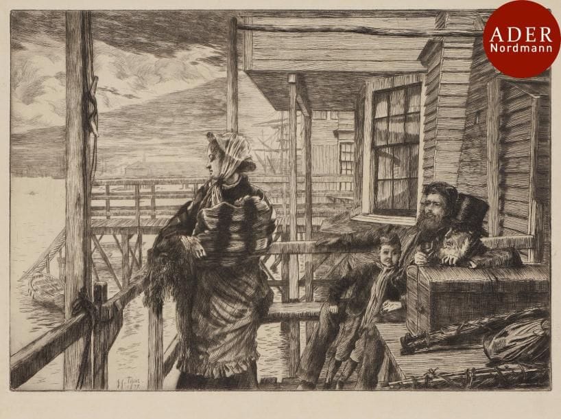 James-J.-J. Tissot (1836-1902)
 L’Auberge des trois corbeaux. 1877. Eau-forte et pointe sèche. 292 x 206. Wentworth 29. Très belle épreuve sur vergé crème fort. Léger empoussiérage et salissures. Toutes marges. Ex-coll. H.-M. Petiet (Lugt 5031). Joint : Apparition médiunimique. 1885. Manière noire. 490 x 344. Wentworth 76. Belle épreuve sur vélin fort, timbrée (Lugt 1545), lavée et finement doublée sur japon. Toutes marges. Ens. 2 p.