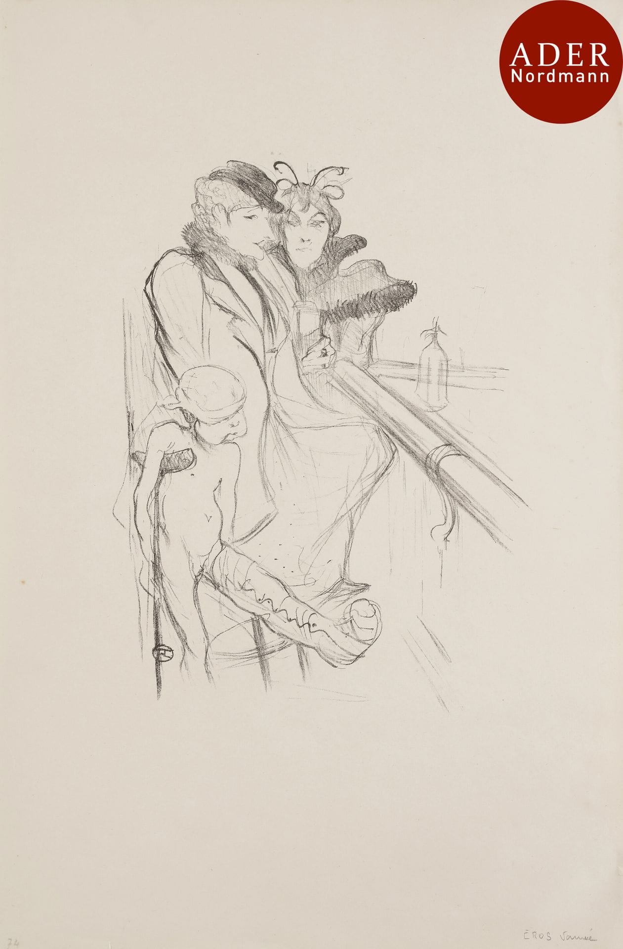 Henri de Toulouse-Lautrec (1864-1901)
 Éros vanné. 1894. Lithographie. 215 x 290. Delteil 74 ; Wittrock 56. Très belle et fraîche épreuve tirée en noir sur vélin ivoire, du 1er tirage effectué après 1901, avant effaçage des deux figures au second plan. Minuscule déchirure au bord inférieur droit. Toutes marges. Ex-coll. H.-M. Petiet (Lugt 5031).